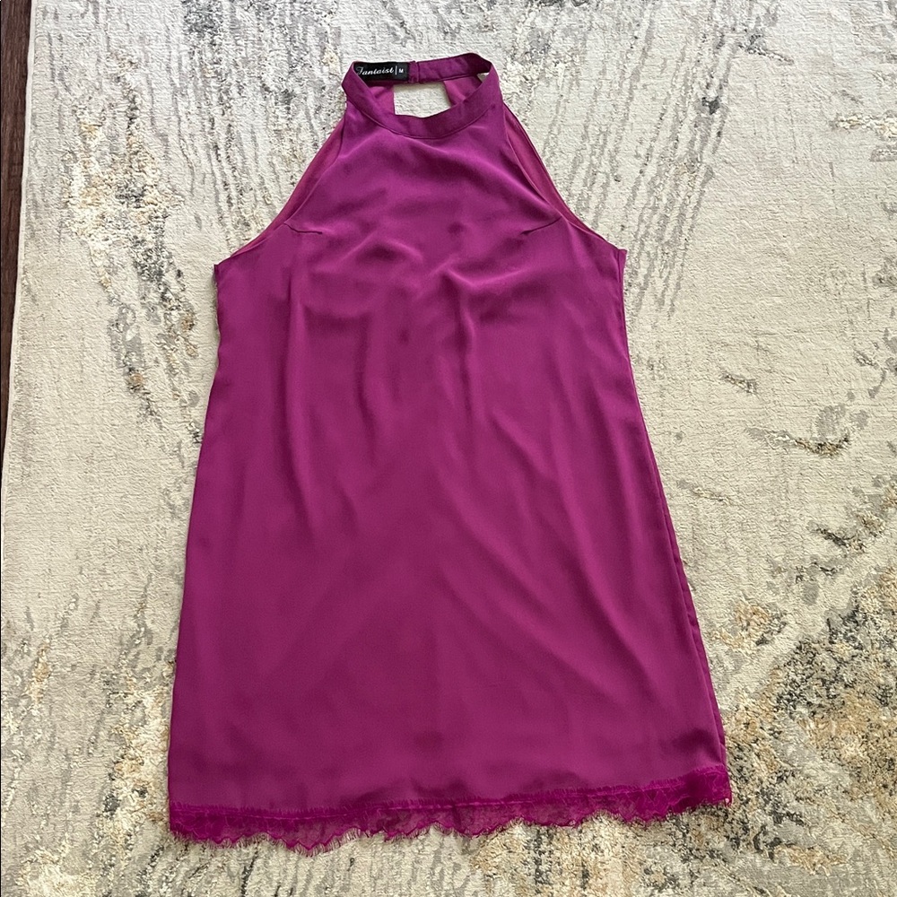 Purple Halter Neck Dress with Lace Hem